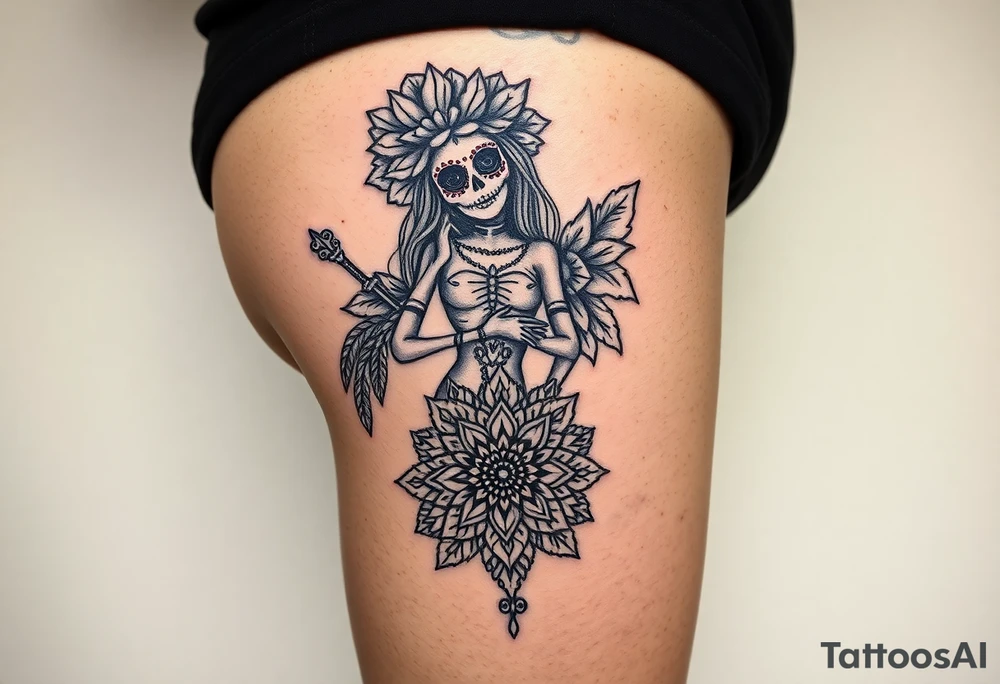 La Catrina in Chicano style on the thigh connected with a mandala on the knee tattoo idea