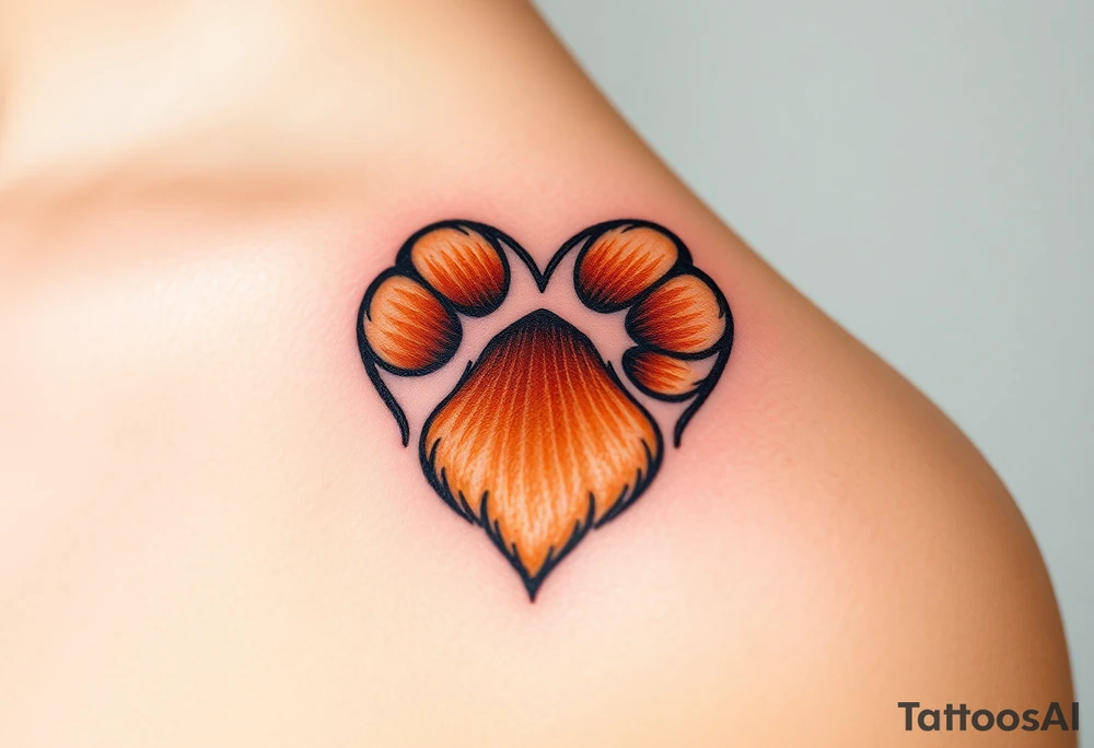 dog paw in shape of heart with fine fur details and warm shades of golden brown, caramel, and soft beige tattoo idea