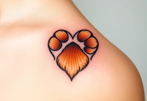 dog paw in shape of heart with fine fur details and warm shades of golden brown, caramel, and soft beige tattoo idea