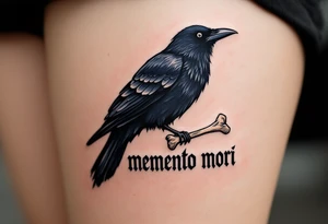 A crow with dark navy feathers carrying a bone in its beak, flying over the phrase "memento mori" in smoky gray. tattoo idea