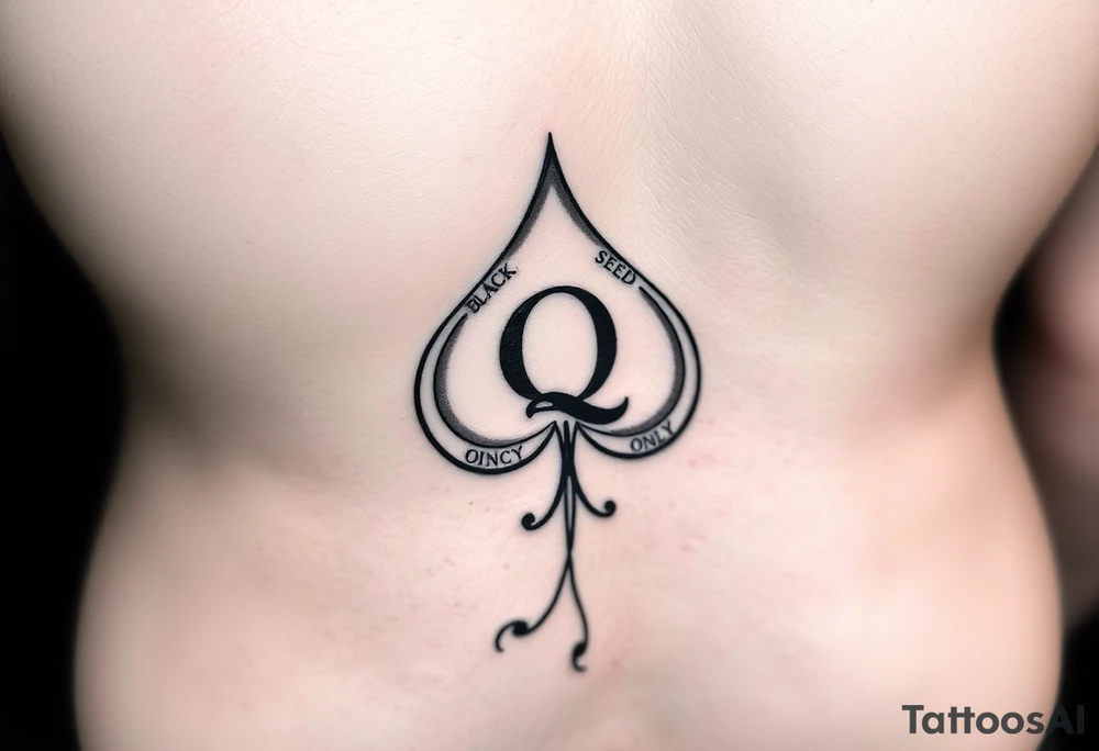 A spade womb tattoo with a Q in the center, with three points around the outside. The first reading, "BLACK". The second reading, "SEED". The third reading, "ONLY". A wiggling tail at the bottom of the spade. tattoo idea