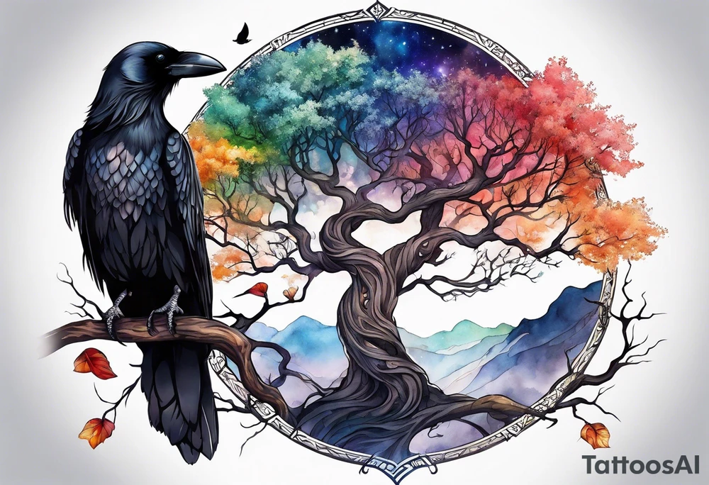 world tree with a raven and knotwork sleeve tattoo tattoo idea