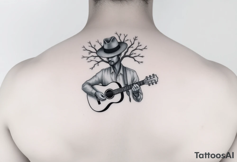 Man with hat but cant see face 
playing acoustic guitar underneath tree of life concept style tattoo idea