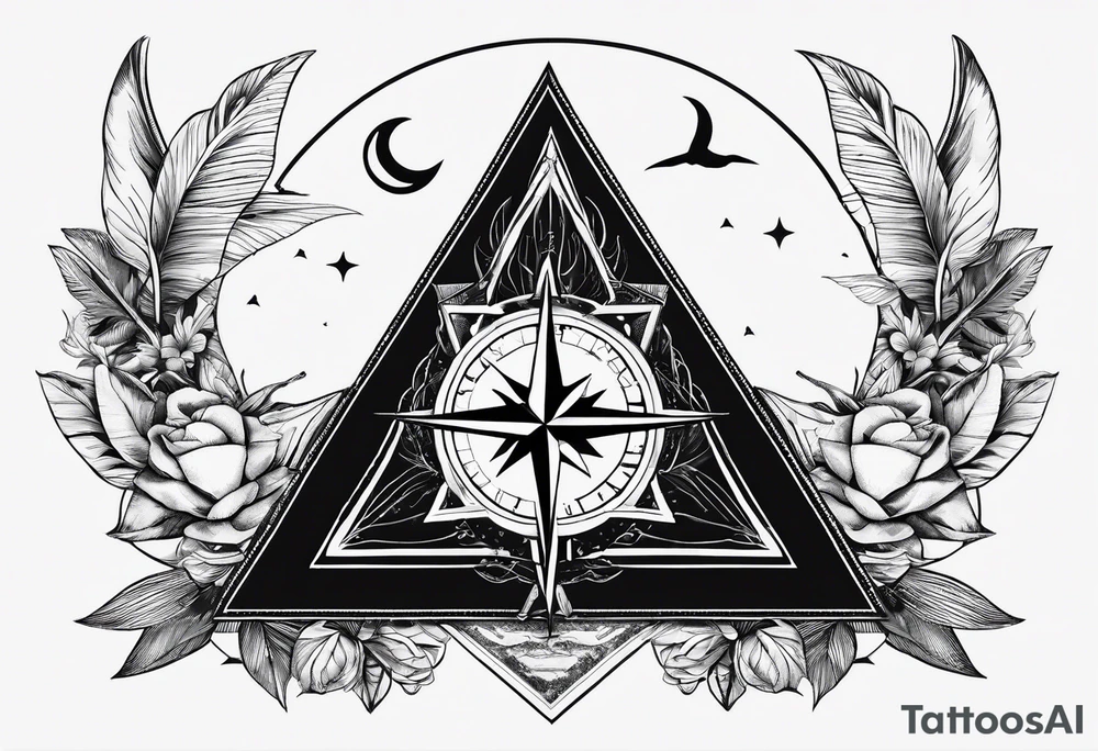 Two triangles with one unclosed, crescent moon, compass, swallows tattoo idea Two triangles with one unclosed, crescent moon, compass, swallows tattoo idea