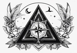 Two triangles with one unclosed, crescent moon, compass, swallows tattoo idea