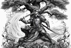 A mural with an water theme, a tree growing up out of the garden and a warrior defending tattoo idea