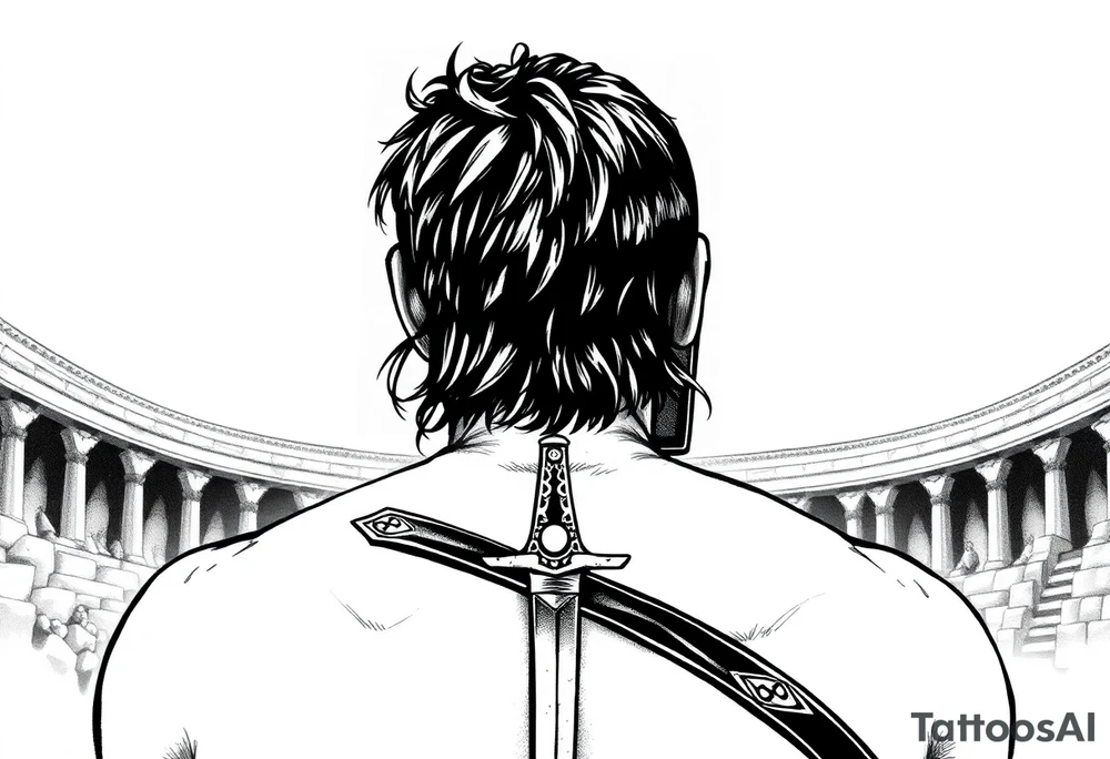 gladiator from behind near an arena with a short sword in his hand tattoo idea