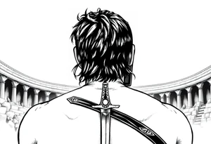 gladiator from behind near an arena with a short sword in his hand tattoo idea