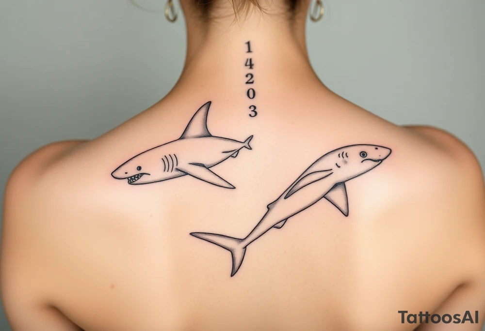 one lemon shark and one whale shark going laterally up the spine tattoo idea