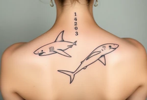 one lemon shark and one whale shark going laterally up the spine tattoo idea