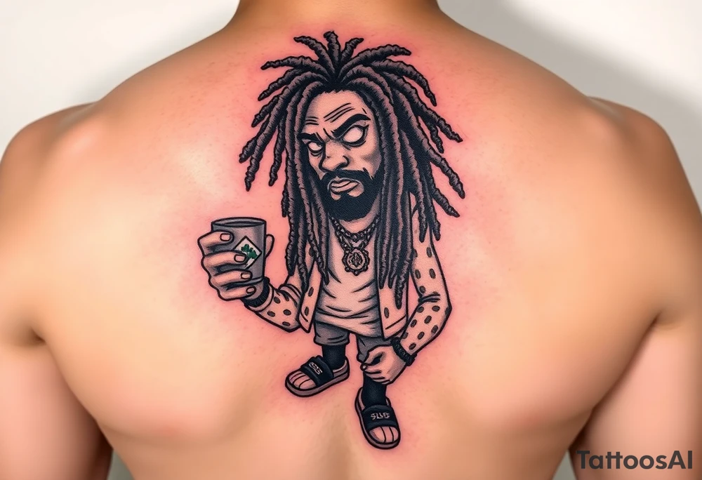 Comic character with dread locs holding a coffee in one hand with socks and slides on tattoo idea