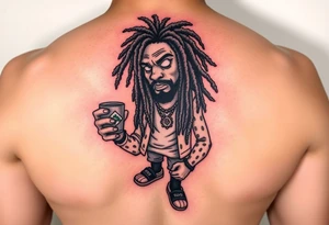 Comic character with dread locs holding a coffee in one hand with socks and slides on tattoo idea
