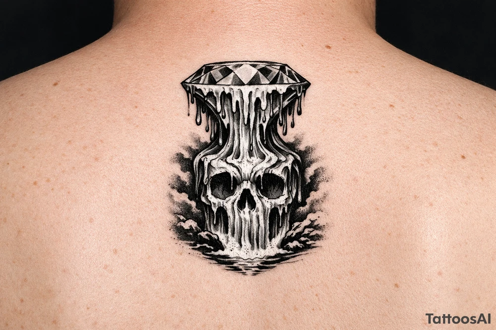 Diamond melting like a colorful waterfall running into a waterfall skull tattoo idea