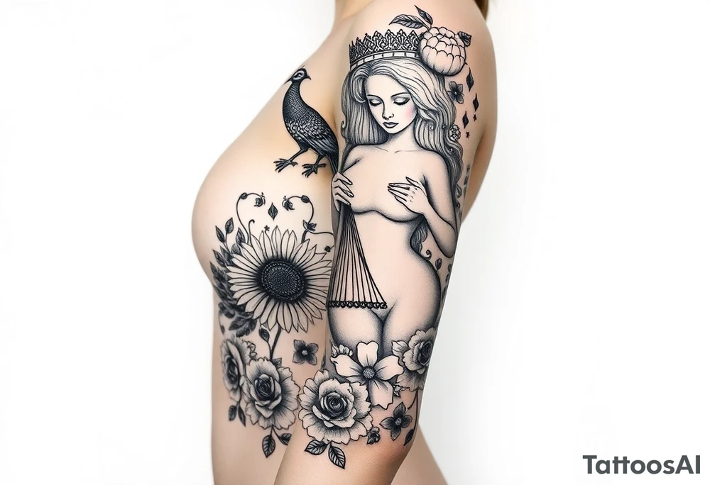 Storm, darkness, seven deadly sins, fat naked woman, peacock, dead sunflower and rosesflowers, razor blades, noose, couple having sex , cupcake ,cigerettes storm clouds coins, mirror, lamb, lion tattoo idea