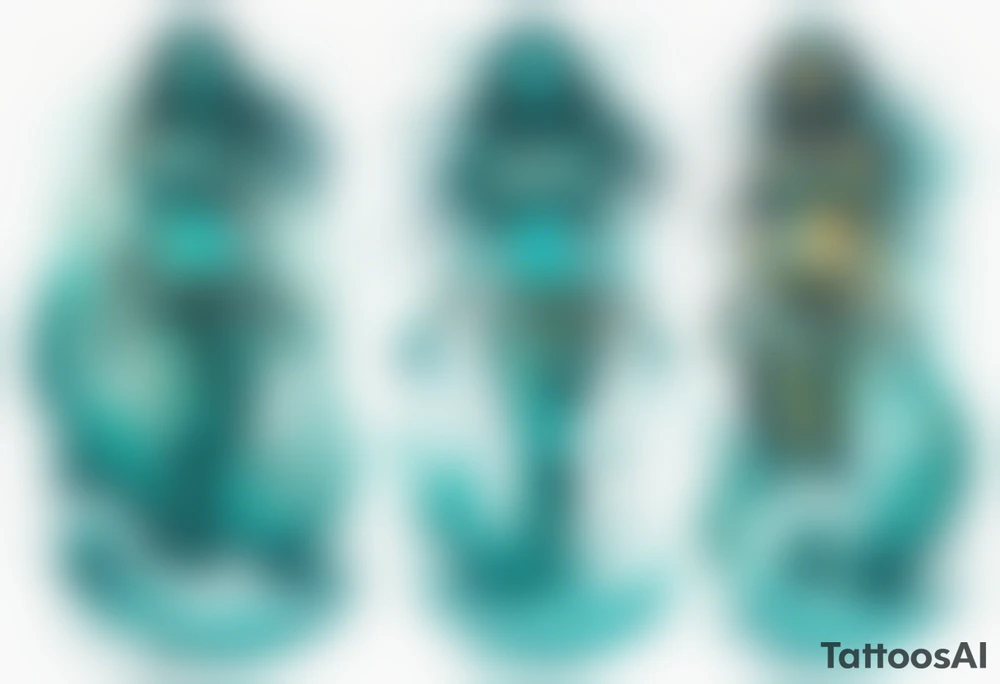 a turquoise Na'vi woman standing in the sea with water for legs surrounded by crashing waves tattoo idea
