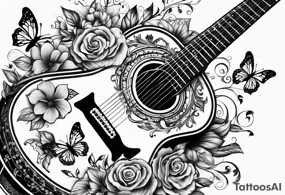 Whole electric acoustic Guitar with flowers growing off the side, butterflies tattoo idea