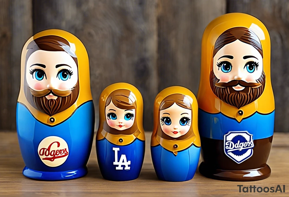 Matryoshka doll family. Father has full beard, blue eyes, short brown hair, loves LA Dodgers. Mother has blonde bob, blue eyes, thick rimmed black glasses, loves leopard print. Son is 4 years old, blue eyes, blonde spiky hair, loves Paw Patrol. Daughter is 2 years old, blue eyes, long eyelashes, short light brown bob, loves Bluey. tattoo idea