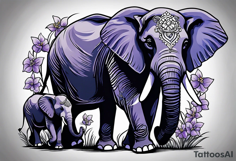 Elephant with baby Elephant holding lilacs tattoo idea