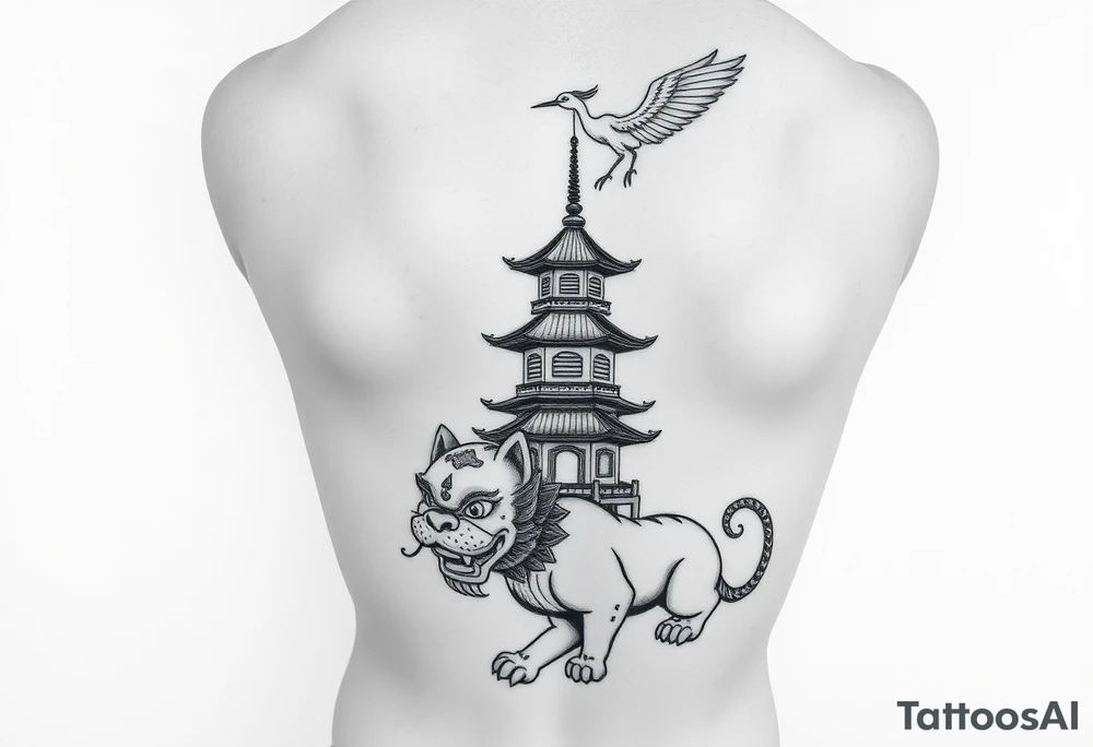 black and gray realism tattoo design for a full leg sleeve with chinese foo dog at the bottom, chinese pagoda on the calf and a chinese crane above the pagoda tattoo idea