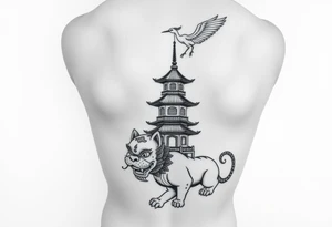 black and gray realism tattoo design for a full leg sleeve with chinese foo dog at the bottom, chinese pagoda on the calf and a chinese crane above the pagoda tattoo idea