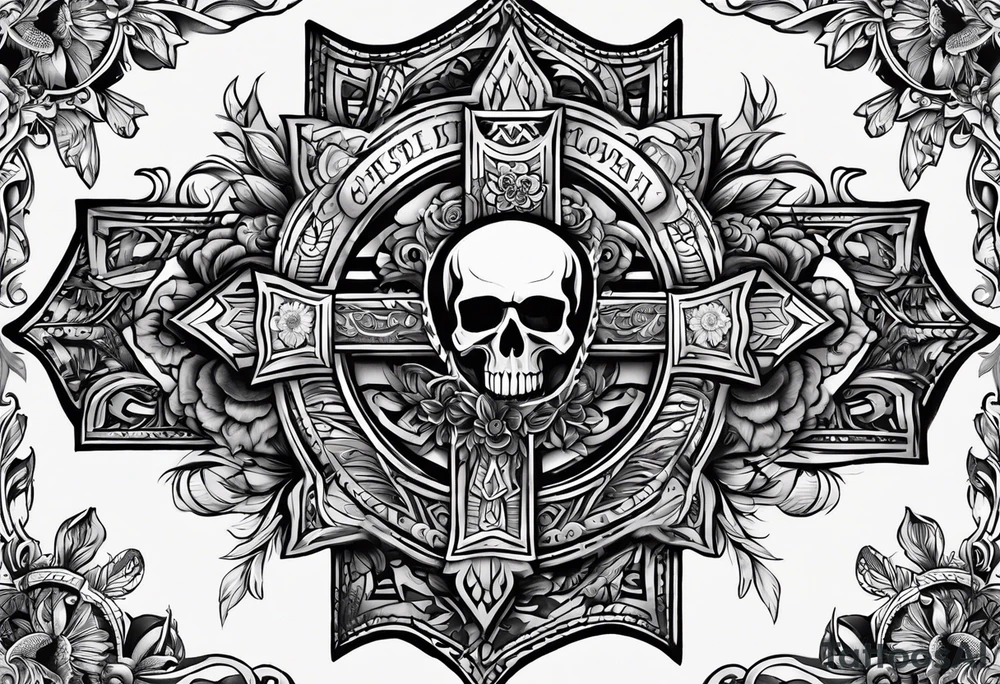 A central cross with the names Kyle Peter Lori on it with lighting a motorcycle and a sunflower around it tattoo idea