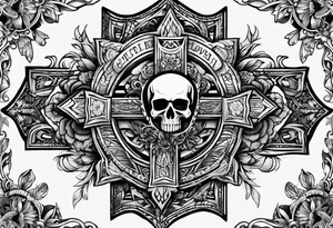 A central cross with the names Kyle Peter Lori on it with lighting a motorcycle and a sunflower around it tattoo idea