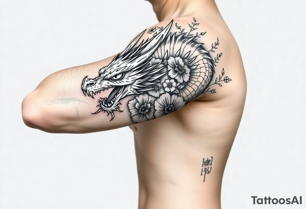 scary dragon with death flowers tattoo idea