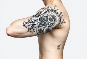 scary dragon with death flowers tattoo idea