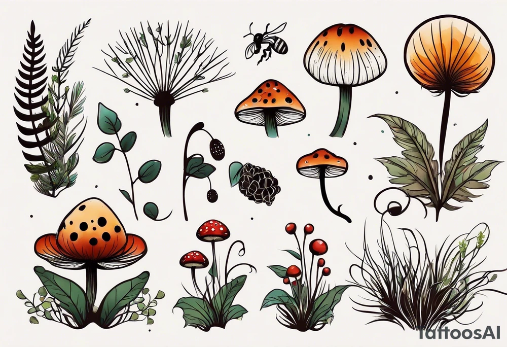 forest floor inspired minimalist tattoo, which includes grass, curly ferns, moss and dead leaves as the bulk of the tattoo. details to include: forest berries, a tiny bumblebee flying nearby, three small brown mushrooms
Generate a vertically long one tattoo idea