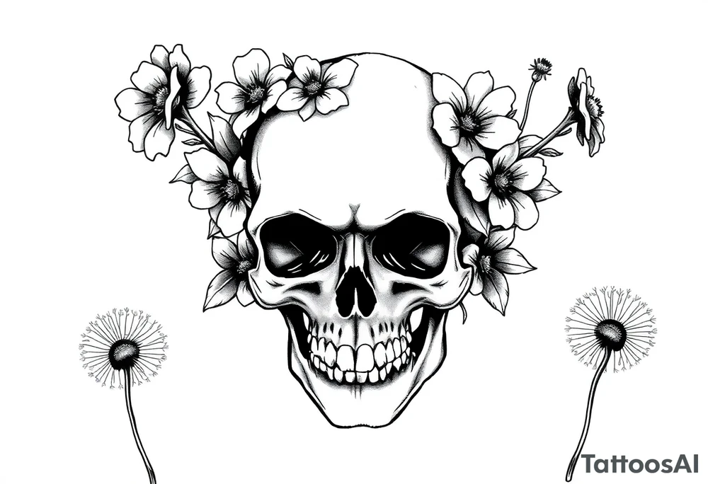Skull surrounded by honeysuckles and dandelions tattoo idea Skull surrounded by honeysuckles and dandelions tattoo idea