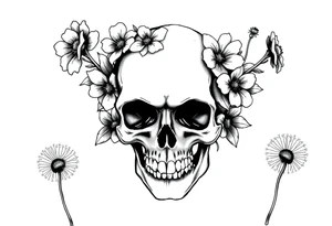 Skull surrounded by honeysuckles and dandelions tattoo idea
