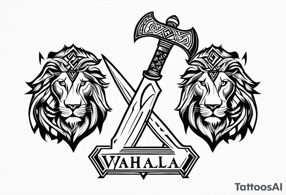Valhalla sword shield lion 
 axe Valknut tattoo idea