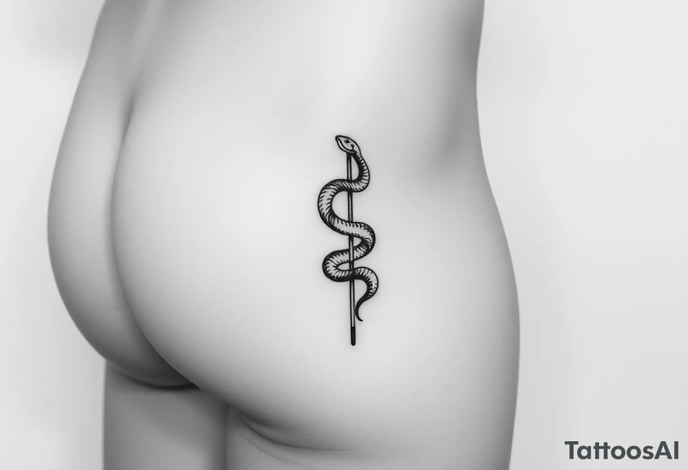Snake tatto graphic on the hip. Positioned on the hip bone and lower closer to lady parts and leg. Snake symbolically wrapped over the pole (pole dance one). Minimalistic graphic style. Only snake and pole. Positioned horizontally, Pole vertically (not just Pole but a special pole for pole dance, but not to much details) tattoo idea