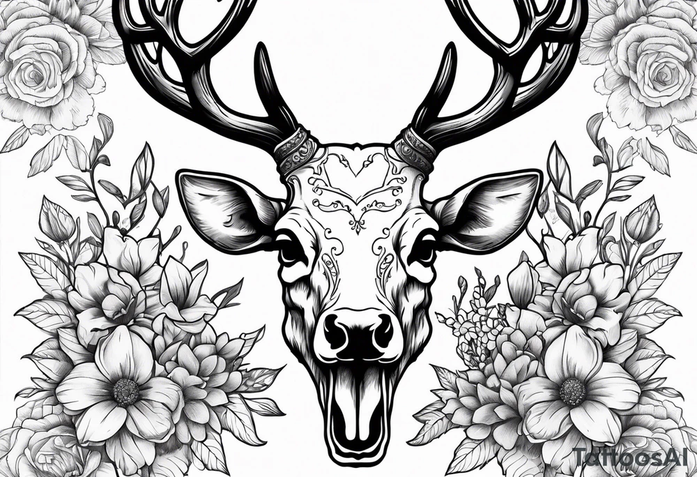 Reindeer skull and flower tattoo idea
