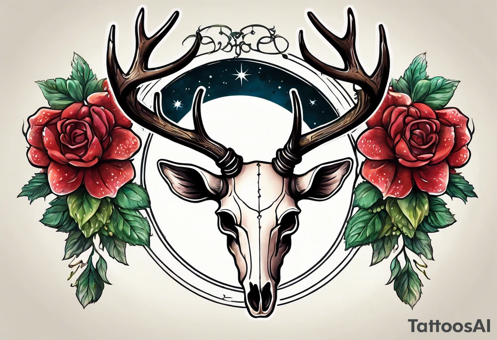 A deer skull. The astrological sign for Aries and Taurus hanging from the antlers. There should be some strawberry imagery in it also. tattoo idea