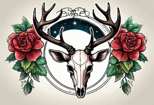 A deer skull. The astrological sign for Aries and Taurus hanging from the antlers. There should be some strawberry imagery in it also. tattoo idea