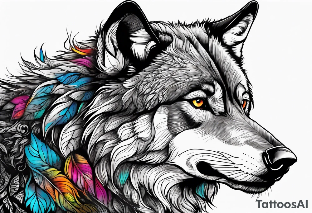 a colorful wolf with a Raven tattoo idea