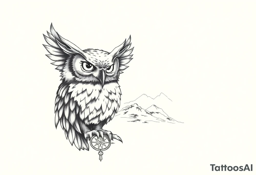an owl,a compass,landscape. tattoo idea
