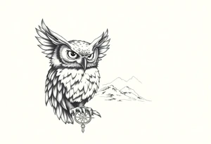 an owl,a compass,landscape. tattoo idea