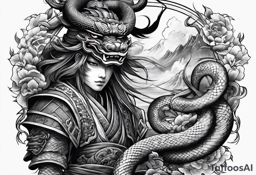 Japanese samurai -style tattoo with snake and demons tattoo idea Japanese samurai -style tattoo with snake and demons tattoo idea