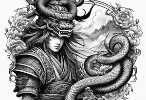 Japanese samurai -style tattoo with snake and demons tattoo idea
