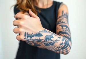 A full-sleeve with the Härjedalen landscape, reindeer, bear, lakes, mountains (Helags), tattoo idea