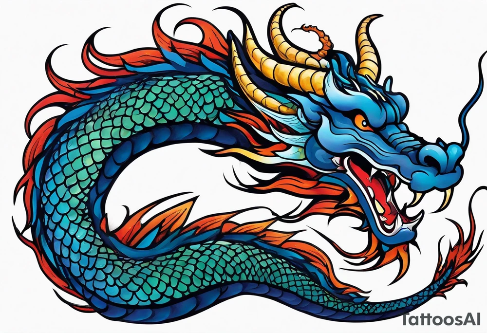 An epic floating asian dragon. Its long body coiling dynamically, with scales and horns detailed to create a sense of movement and strength. The dragon's main color is midnight blue, giving a vibrant depth and a mystical aura. This tattoo highlights the dragon’s fierce expression and sharp claws. tattoo idea