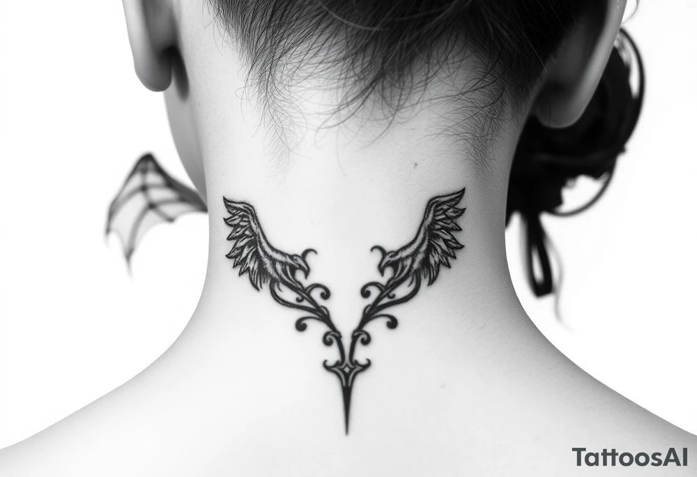 position behind the neck Angel (on the right) whispering in the right ear, demon (on the left) whispering in the left ear. It must be as realistic as possible. tattoo idea