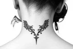 position behind the neck Angel (on the right) whispering in the right ear, demon (on the left) whispering in the left ear. It must be as realistic as possible. tattoo idea