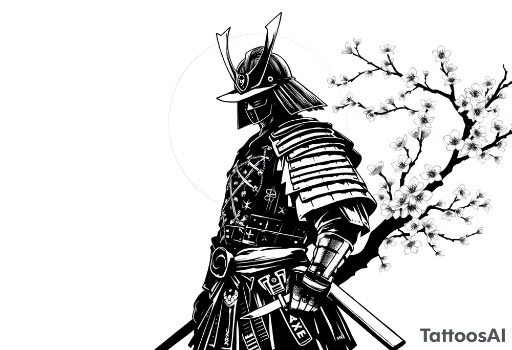 noble samurai warrior silhouette at sunset with cherry blossoms tattoo idea