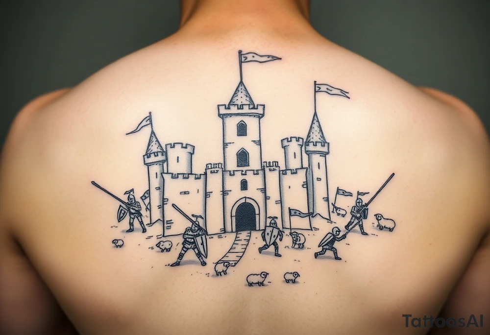 "Sketch-style or blackwork tattoo of a stylized medieval castle inspired by Age of Empires IV, with tiny funny knights clumsily fighting around it. Some are swinging swords too big for them, others are hiding behind shields or chasing sheep. Include small battlefield chaos like broken ladders, dropped flags, or a trebuchet misfiring. Light-hearted and humorous, drawn in hand-sketched cartoon style. Designed for shoulder placement." tattoo idea