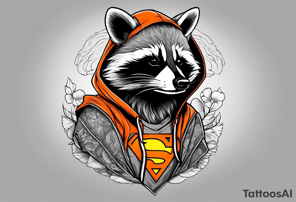 Raccoon wearing an orange Superman hoodie tattoo idea