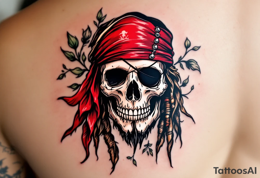 A detailed pirate skull wearing a red bandana and an eye patch, with a rugged expression. The skull is surrounded by intricate floral motifs, with a distressed, aged look that reflects Jack Sparrow's adventurous life.Bold red for the bandana, ivory white for the skull, dark brown and black for the details, and subtle green vines. tattoo idea