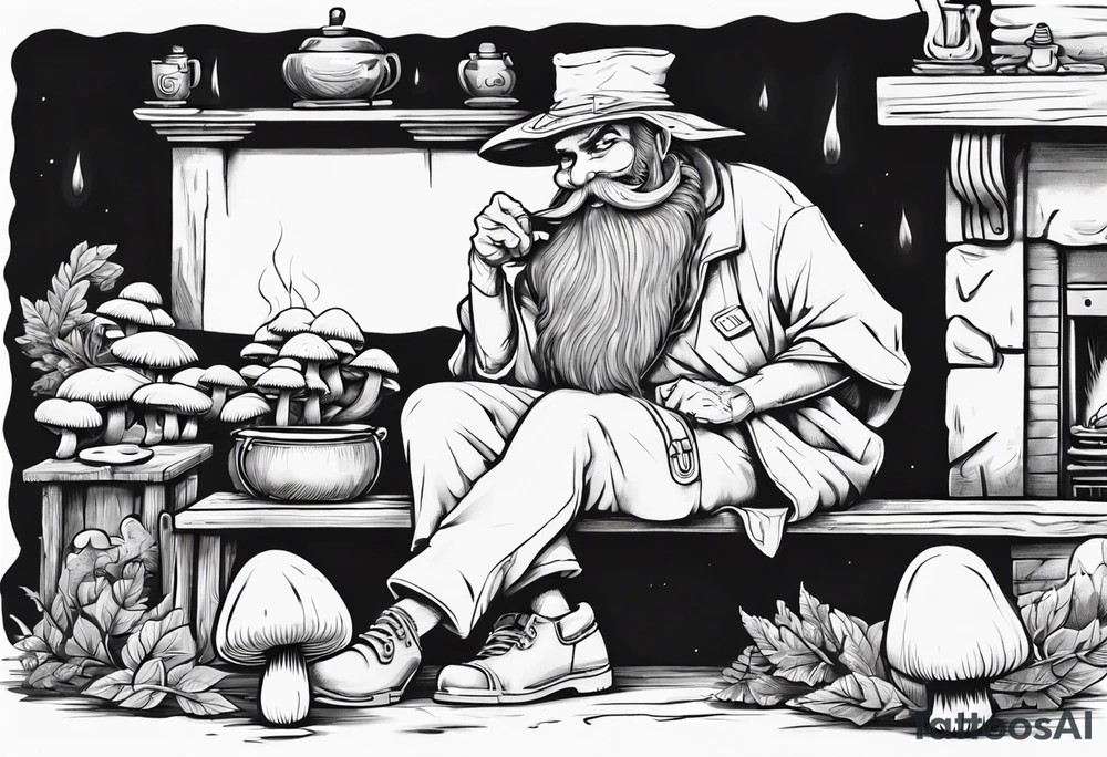 a mushroom with a long grey beard wearing a tunic and a floppy hat sitting on a bench by a fireplace drinking from a wood cup, smiling tattoo idea